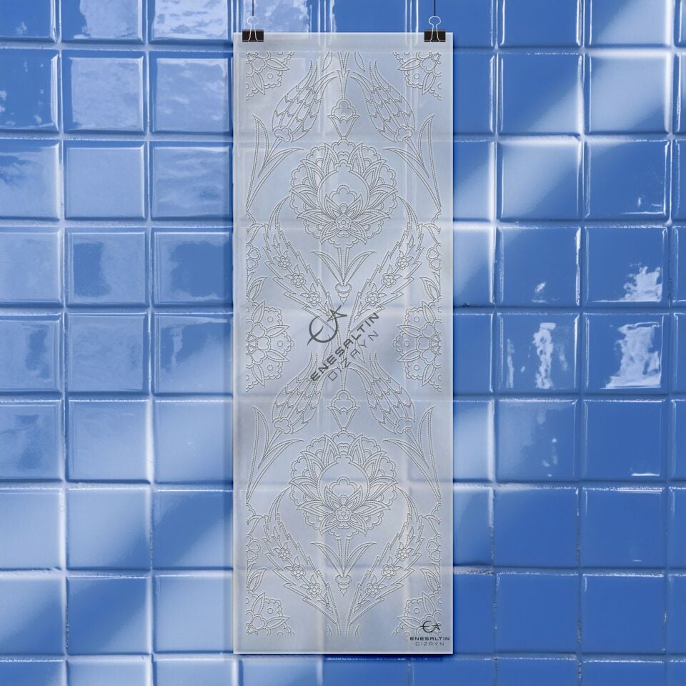 Şablon Desen 20 x 60 cm. - Dikey Pano Simetrik Bitkisel Ulama Çini Deseni