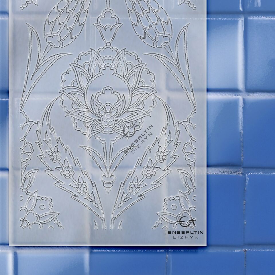 Şablon Desen 20 x 60 cm. - Dikey Pano Simetrik Bitkisel Ulama Çini Deseni