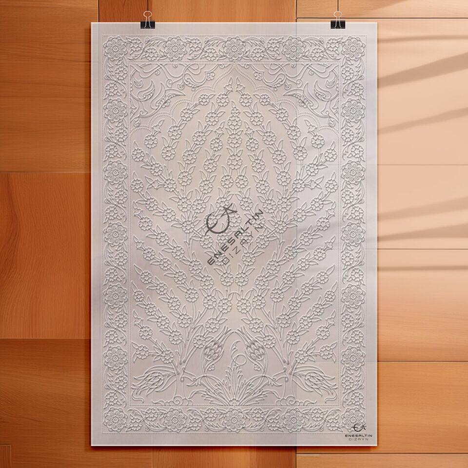 Şablon Desen 40x60 cm. BÜYÜK BOY - Bordürlü Hayat Ağacı Motifli Çini Pano Deseni