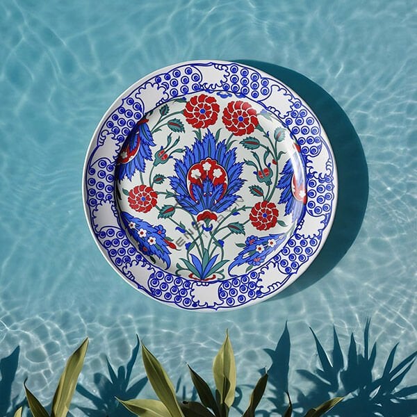 Şablon Desen 42 cm. -  Klasik İznik 1575 Simetrik Gül ve Hançer Yaprak Çini Tabak Deseni