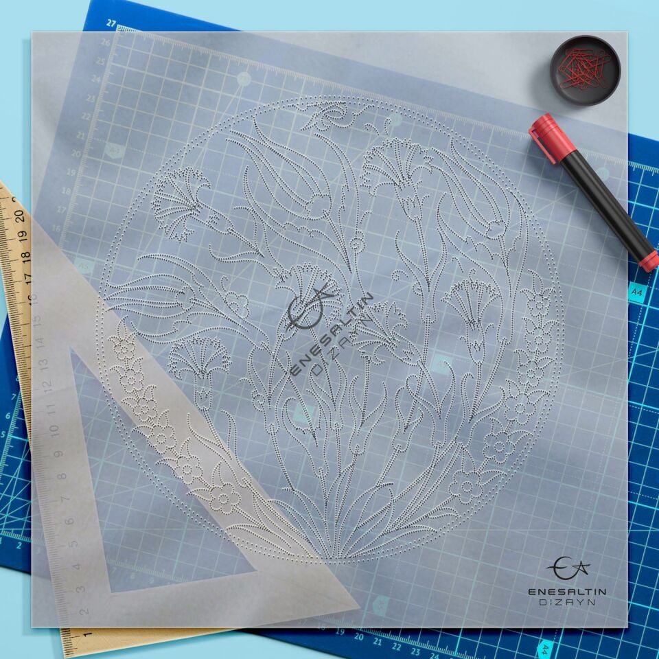 Şablon Desen 18 cm. -  Lale Karanfil Çini Tabak Deseni