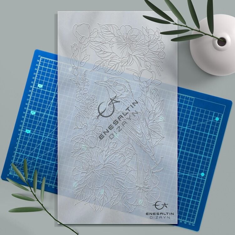 Şablon Desen 20x40 cm. - Kuş ve Sarmaşık Çiçek Egzotik Motifli Çini Karo Deseni