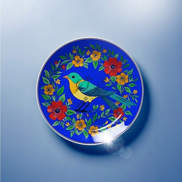 Stencil Design 30 cm. - Exotic Motif Sparrow and Flowering Branch Ceramic Plate Design