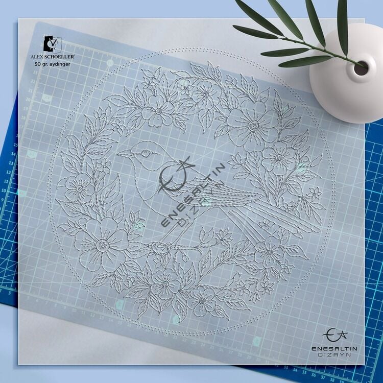 Şablon Desen 25 cm. -  Egzotik Motifli Serçe ve Çiçekli Dal Çini Tabak Deseni