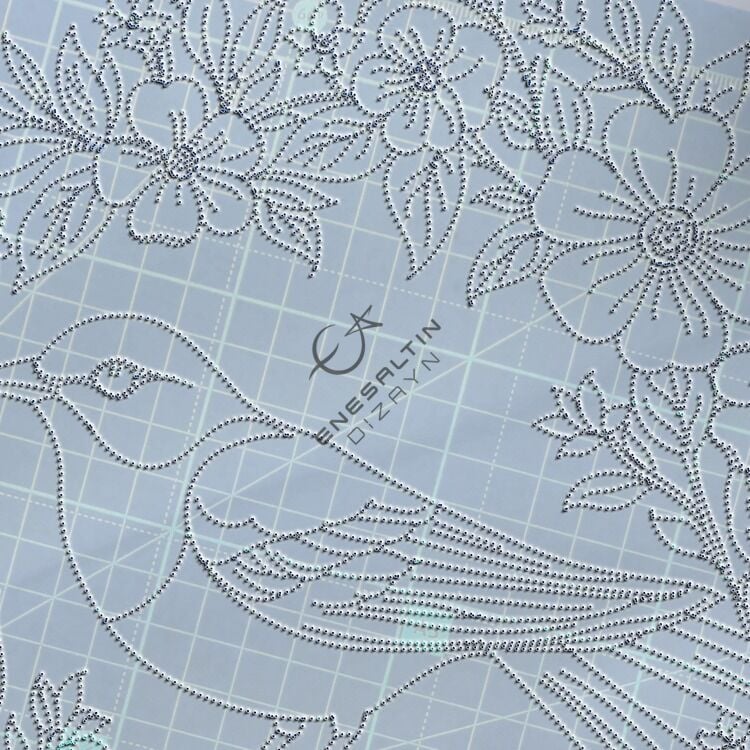 Şablon Desen 25 cm. -  Egzotik Motifli Serçe ve Çiçekli Dal Çini Tabak Deseni