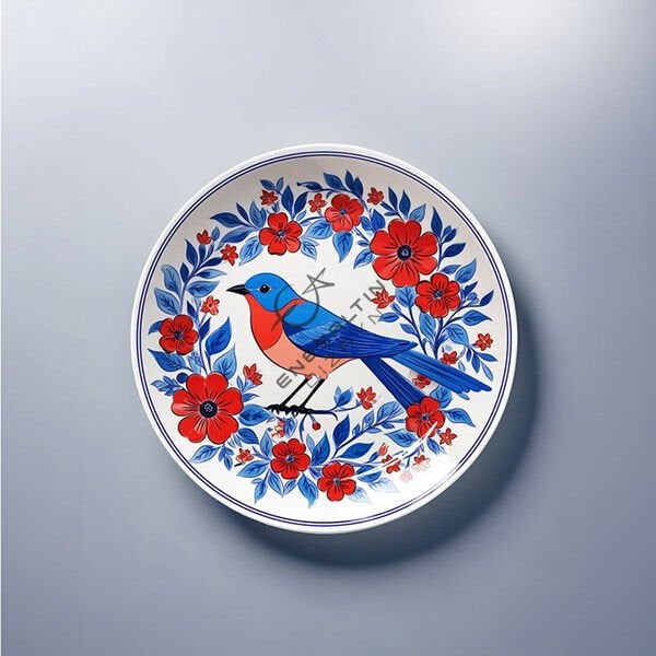 Şablon Desen 20 cm. -  Egzotik Motifli Serçe ve Çiçekli Dal Çini Tabak Deseni