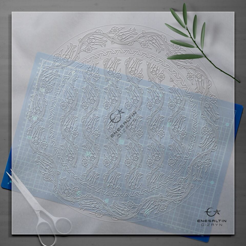 Şablon Desen 40 cm. -  Sarmaşık Lale Motifli Çini Tabak Deseni