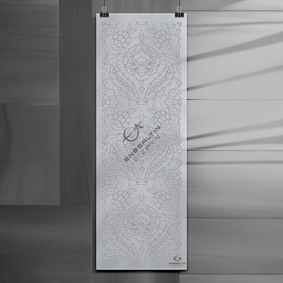 Şablon Desen 20x60 cm. - Minimal Dikey Pano Simetrik Hatayi ve Lale Ulama Çini Deseni