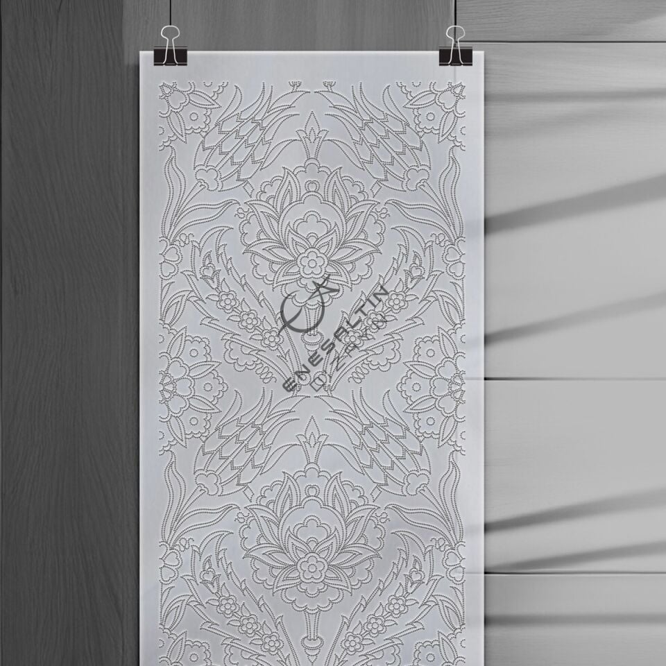 Şablon Desen 20x60 cm. - Minimal Dikey Pano Simetrik Hatayi ve Lale Ulama Çini Deseni