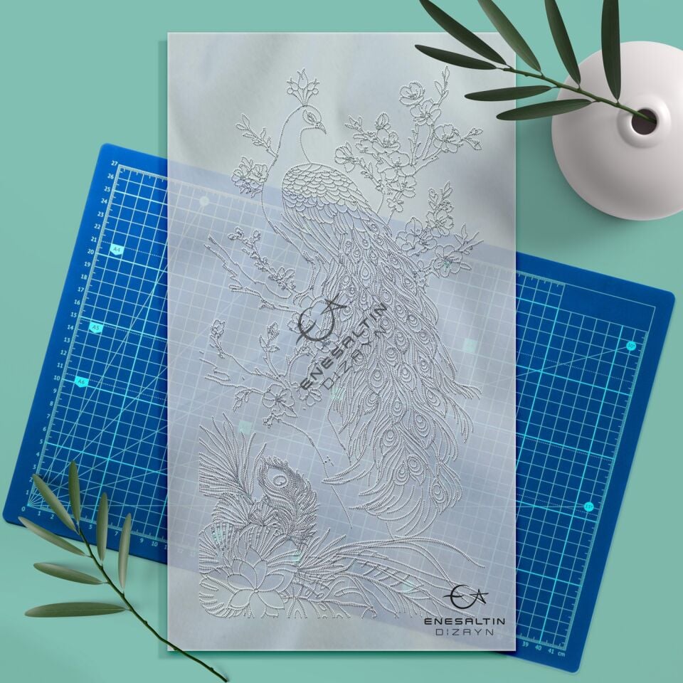 Şablon Desen 20x40 cm. - Egzotik Tavus Kuşu Motifli Çini Karo Deseni