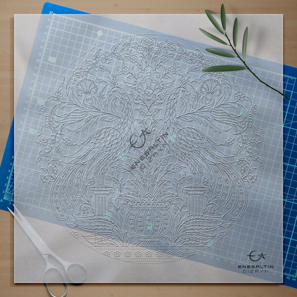 Şablon Desen 30 cm. -  Çift Tavus Kuşu Motifli Kütahya İşi Çini Deseni