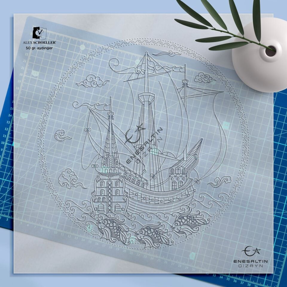 Şablon Desen 25 cm. - Kalyon ve Balık Motifli Çini Tabak Deseni