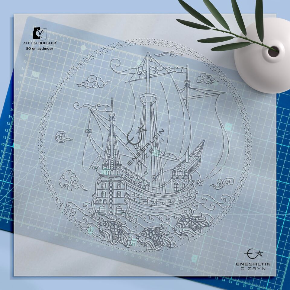 Şablon Desen 25 cm. - Kalyon ve Balık Motifli Çini Tabak Deseni