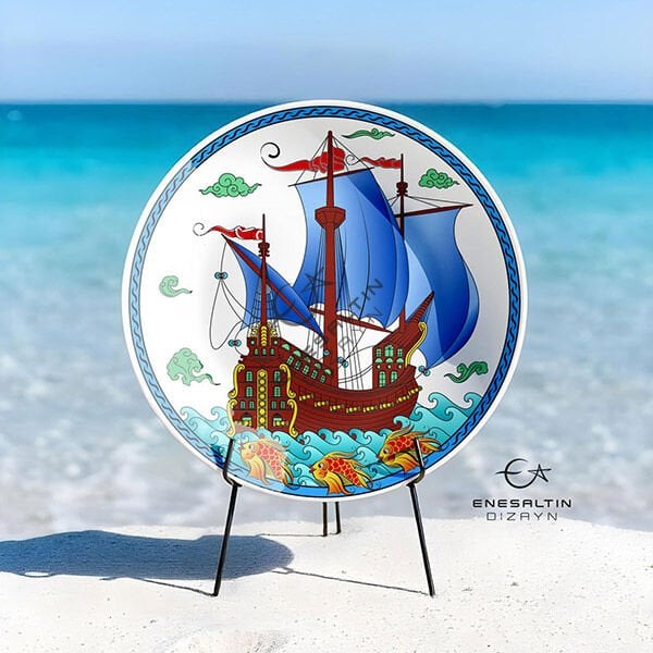Şablon Desen 25 cm. - Kalyon ve Balık Motifli Çini Tabak Deseni