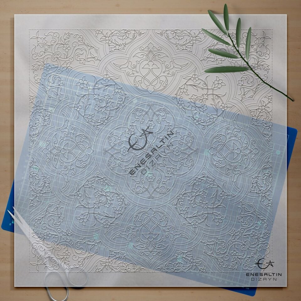 Şablon Desen 38 x 38 cm. - Tezhib Bezeme Rumi Motifli Çini Tabak / Karo Deseni