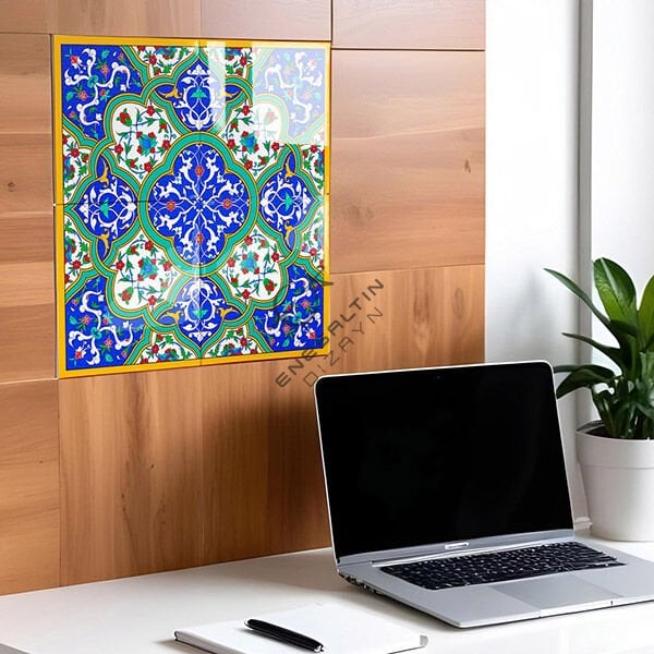 Şablon Desen 38 x 38 cm. - Tezhib Bezeme Rumi Motifli Çini Tabak / Karo Deseni