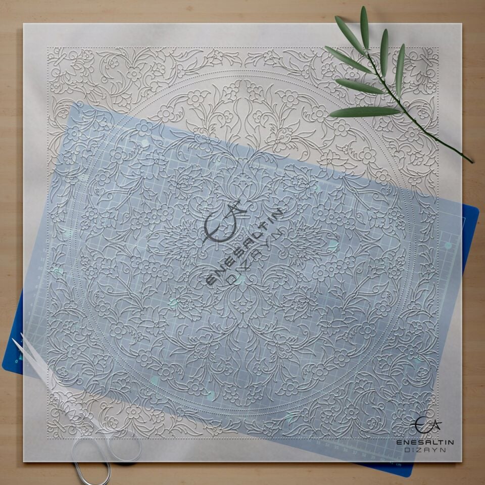 Şablon Desen 38 x 38 cm. - Tezhib Bezeme Simetrik Hatayi Motifli Çini Tabak / Karo Deseni