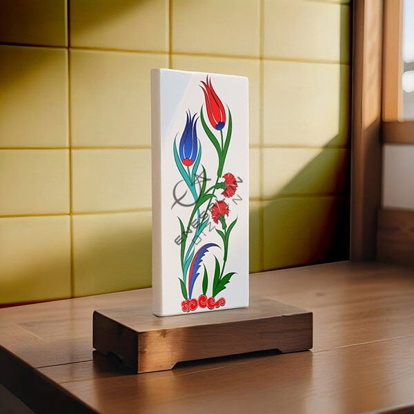 Şablon Desen 8x20 cm. 2 KOPYA - Minimal Lale Karanfil Çini Karo / Tabak / Dik Mamul Deseni