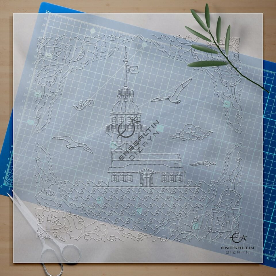 Şablon Desen 30 x 30 cm. - Kız Kulesi Rumi Kemerli Motifli Çini Karo Deseni