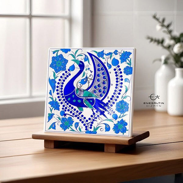 Şablon Desen 20 x 20 cm. - Selçuklu Tavus Kuşu ve Serbest Lotus Motifli Çini Karo Deseni