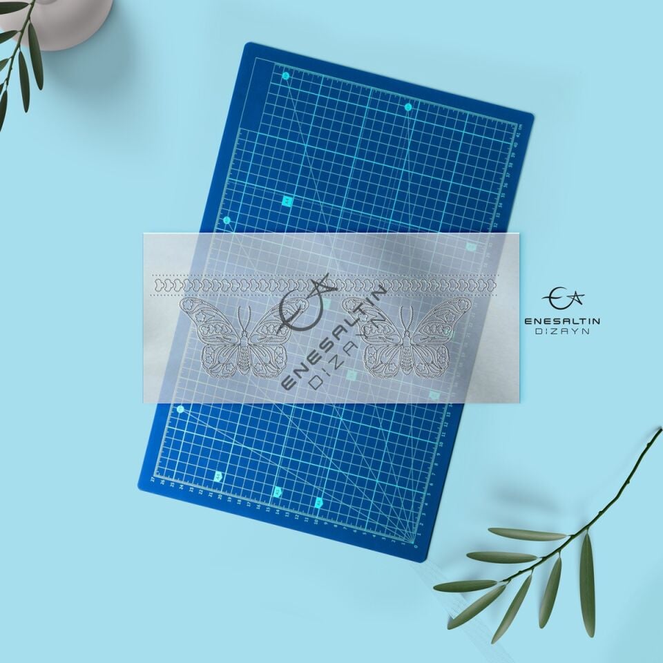 Şablon Desen 9 x 25 cm. - Egzotik 2'li Kelebek Motifli Çini Mug Bardak / Karo Deseni