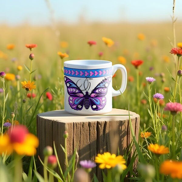 Şablon Desen 9 x 25 cm. - Egzotik 2'li Kelebek Motifli Çini Mug Bardak / Karo Deseni