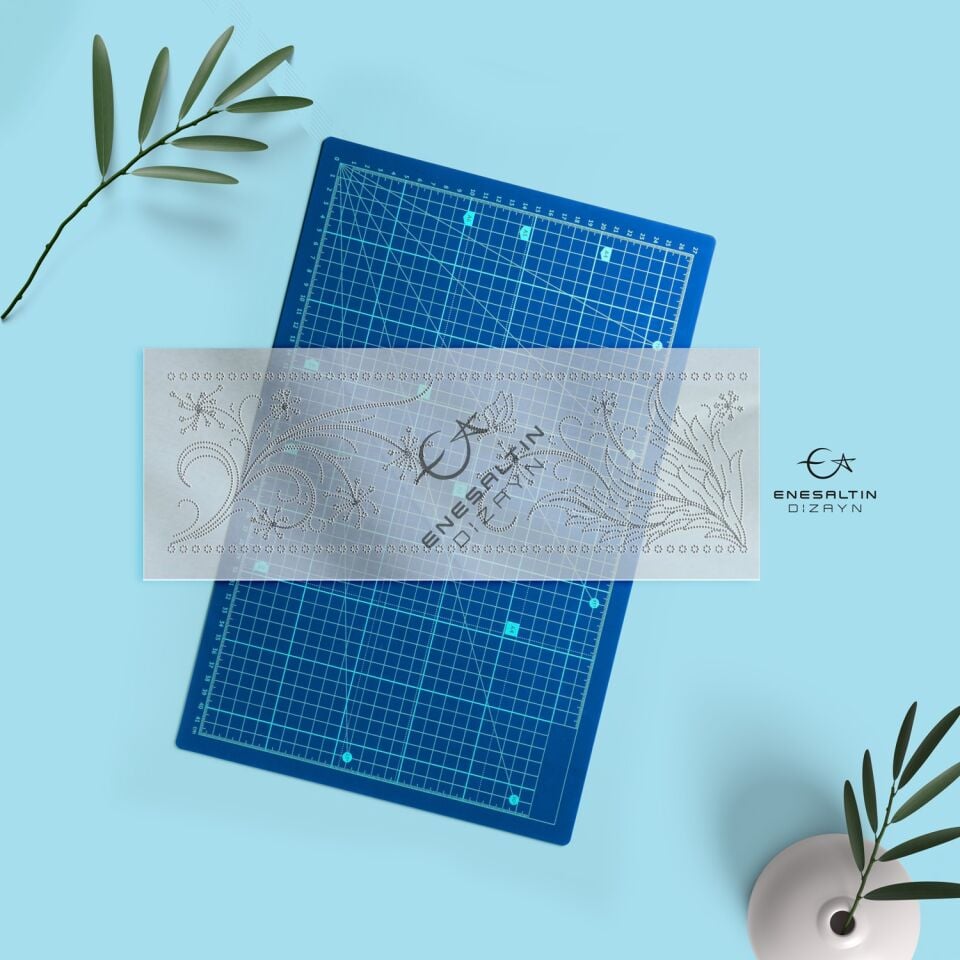 Şablon Desen 9 x 25 cm. - Silüet Çiçek Yaprak Kelebek Motifli Çini Mug / Karo Deseni