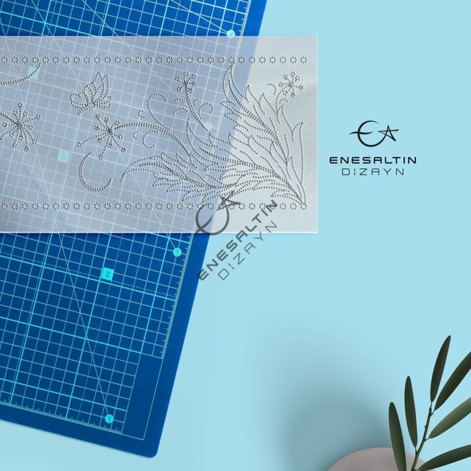 Şablon Desen 9 x 25 cm. - Silüet Çiçek Yaprak Kelebek Motifli Çini Mug / Karo Deseni