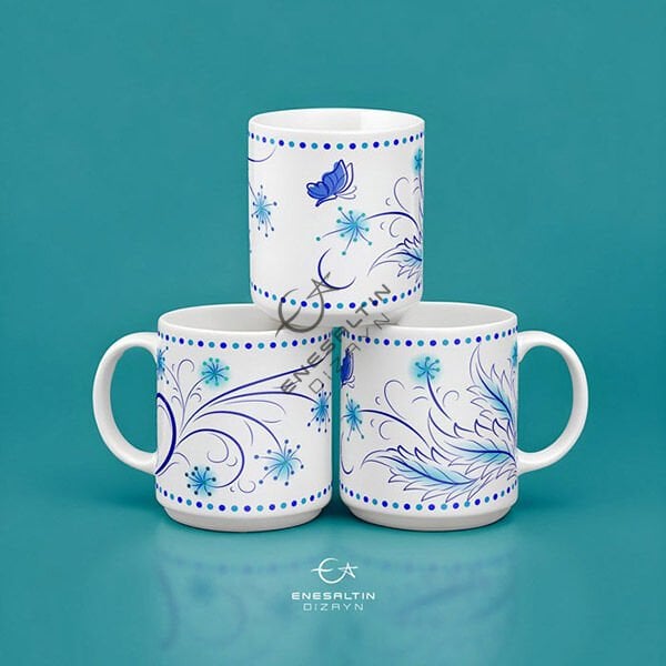 Şablon Desen 9 x 25 cm. - Silüet Çiçek Yaprak Kelebek Motifli Çini Mug / Karo Deseni