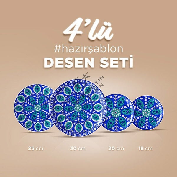 Hazır Şablon 4'lü Desen Seti - Hançer Yaprak Bitkisel Motifli İznik Çini Deseni