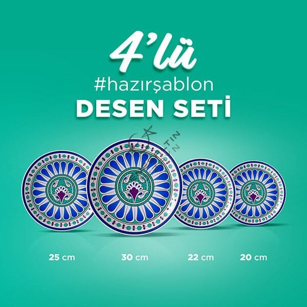 Hazır Şablon 4'lü Desen Seti - Beylikler Dönemi Damla Çarkıfelek Çini Tabak Deseni