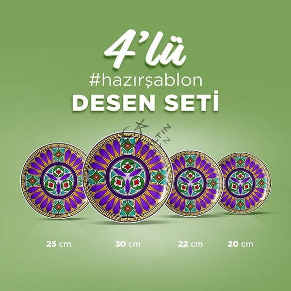 Hazır Şablon 4'lü Desen Seti - Beylikler Dönemi Damla Çarkıfelek Çini Tabak Deseni