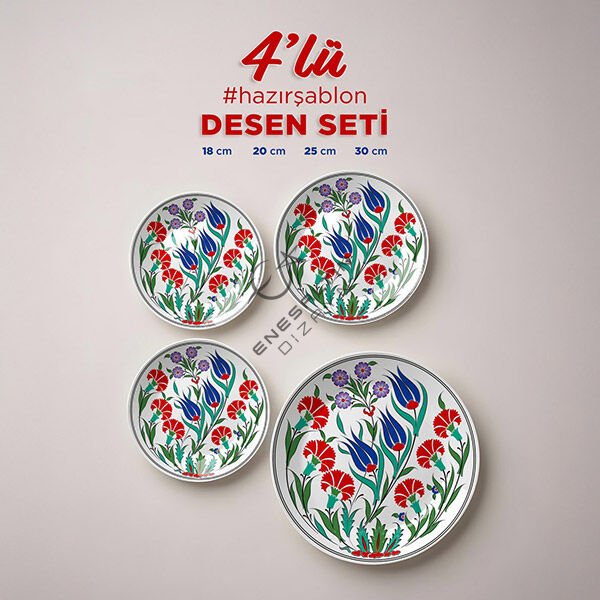 Hazır Şablon 4'lü Desen Seti - Lale Karanfil Motifli Çini Deseni