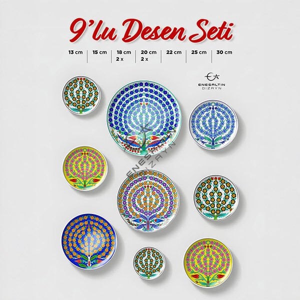 Hazır Şablon 9'lu Desen Seti - Hayat Ağacı Çini Tabak Deseni