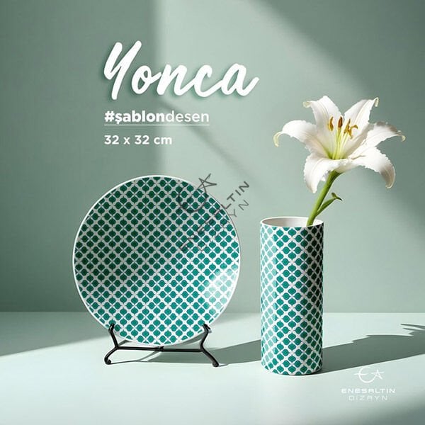 Şablon Desen 32 x 32 cm. - Yonca Ulama Çini Tabak / Karo Deseni