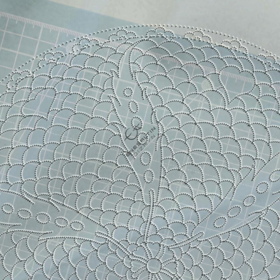 Hazır Şablon 3'lü Desen Seti - 1580 Balık Pulu Zemin Çarkıfelek Kompozisyon Çini Deseni