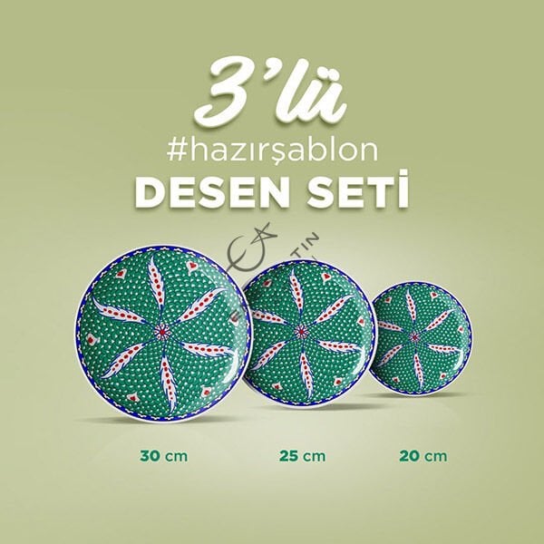 Hazır Şablon 3'lü Desen Seti - 1580 Balık Pulu Zemin Çarkıfelek Kompozisyon Çini Deseni