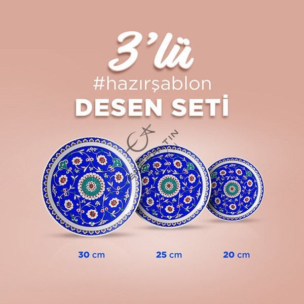 Hazır Şablon 3'lü Desen Seti - İznik 1570 Sarmaşık Penç Kompozisyon Çini Deseni