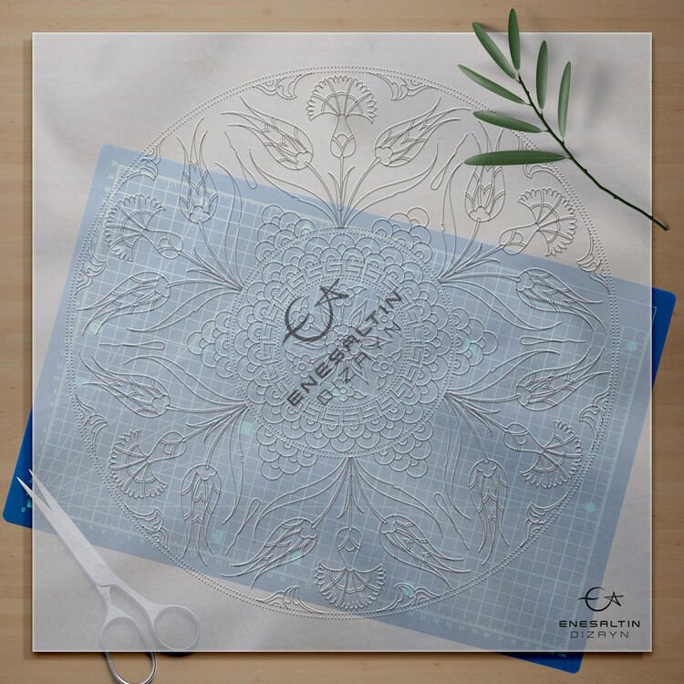 Şablon Desen 40 cm.  - Lale Karanfil Motifli Çini Deseni