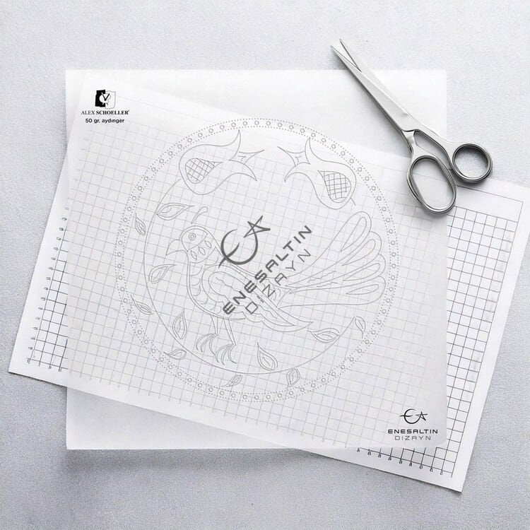 Şablon Desen 25 cm. -  Selçuklu Dönemi Laleler ve Güvercin Motifli Çini Deseni