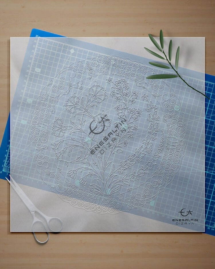 Şablon Desen 30 cm. -  Klasik İznik 1575 Karanfil ve Sümbül Motifli Çini Tabak Deseni