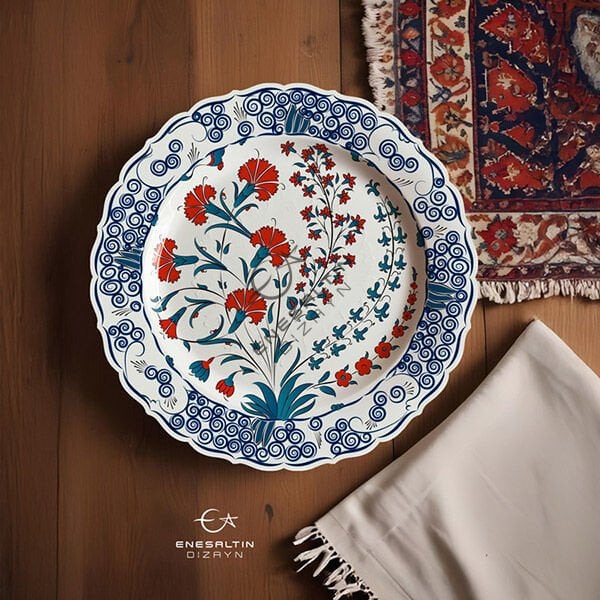 Şablon Desen 30 cm. -  Klasik İznik 1575 Karanfil ve Sümbül Motifli Çini Tabak Deseni