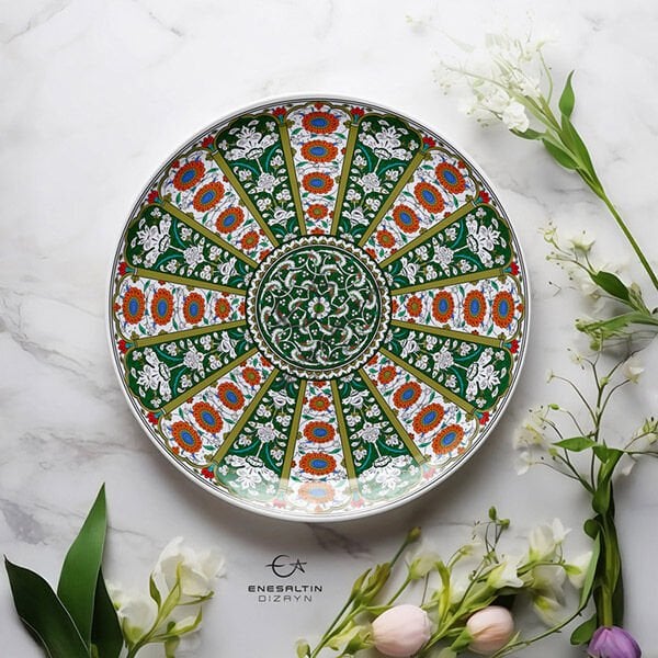 Şablon Desen 43 cm - Baba Nakkaş Rumi Göbekli 16'lı Çarkıfelek Lotus Çini Tabak Deseni