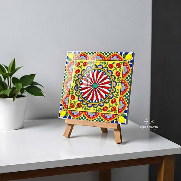 Şablon Desen 20 x 20 cm. - Sicilya Tarzı Barok Yıldız, Gül ve Limon Çini Karo Deseni