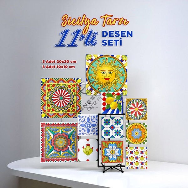 Şablon Desen Seti 11'li. - Sicilya Tarzı Motifli Çini Karo Deseni