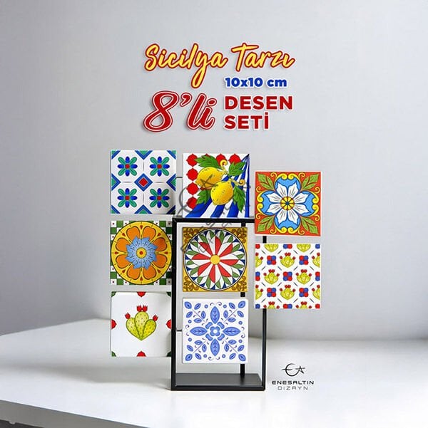 8'li Şablon Desen Seti - Sicilya Tarzı Motifli 10 x 10 cm. Çini Karo Deseni