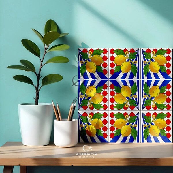 Şablon Desen 10 x 10 cm. 2 Kopya - Sicilya Tarzı Barok Limon Motifli Çini Karo Deseni