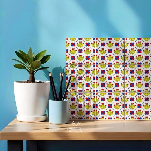 Şablon Desen 10 x 10 cm. 2 Kopya - Sicilya Tarzı Çoklu Kaktüs Çini Karo Deseni