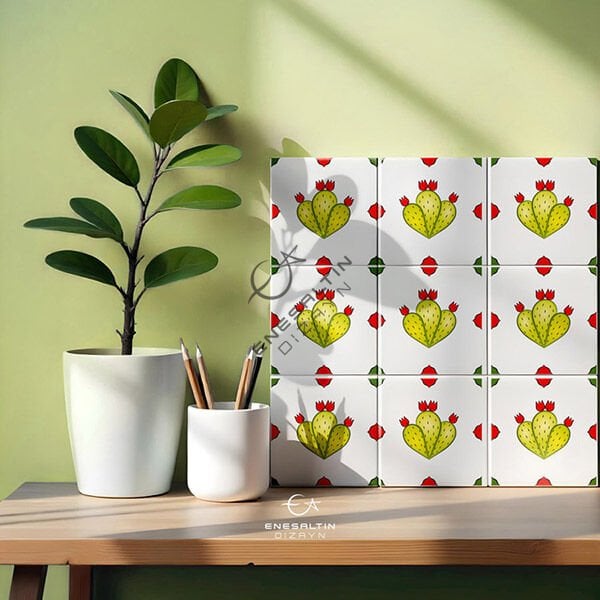 Şablon Desen 10 x 10 cm. 2 Kopya - Sicilya Tarzı Tekli Kaktüs Çini Karo Deseni