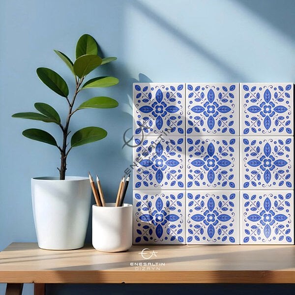 Şablon Desen 10 x 10 cm. 2 Kopya - Sicilya Tarzı Minimal Yaprak Çini Karo Deseni